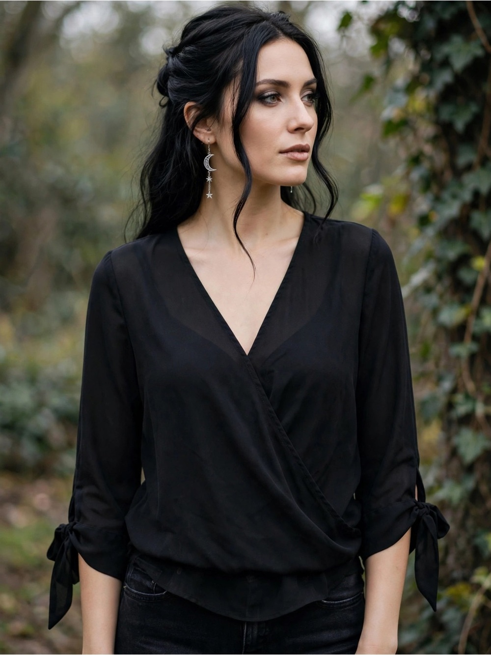 Witchy Black Solid Chiffon V-Neck 3/4 Tie Sleeve Pullover Blouse Vampire Size L